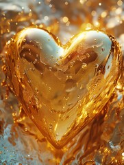 A luxurious view of a heart in gold amidst a digital gala with virtual guests - obrazy, fototapety, plakaty