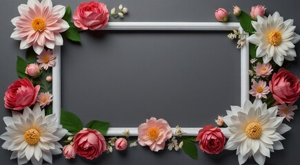 white and pink flower frame with paper flowers on a gray background