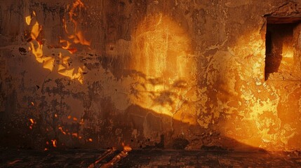 Shadows dance along the walls as the fire burns low creating an intimate setting. 2d flat cartoon.