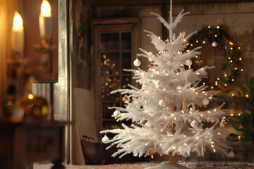 decorated christmas tree, Step into the cozy charm of an English country cottage adorned with a white Christmas tree