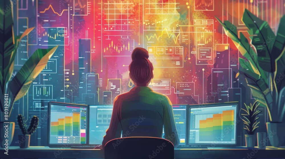 Poster a woman sits at a desk looking at multiple computer screens with graphs and data.
