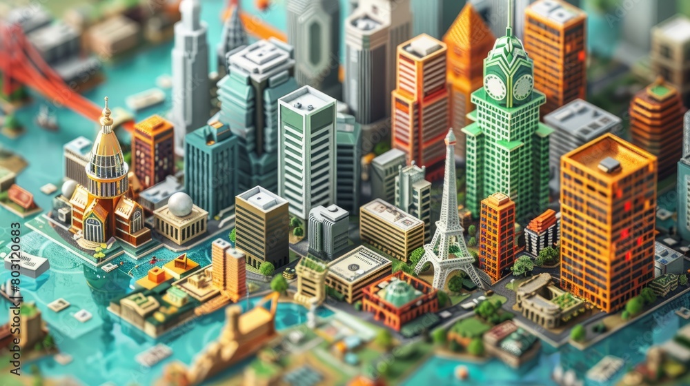 Poster a miniature city made of colorful blocks with a river running through it.