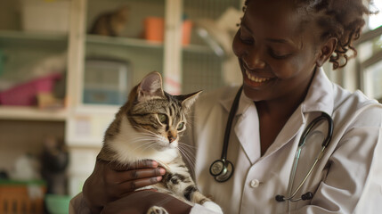 A black female veterinarian and cat. Generative AI