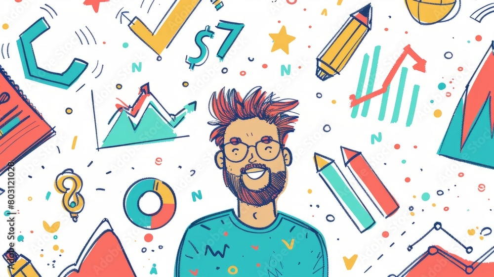 Poster a man with a beard and glasses is surrounded by colorful graphs, charts, and other data visualizatio