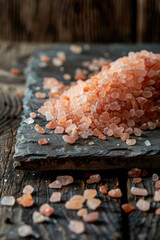 Pink himalayan salt on wooden table