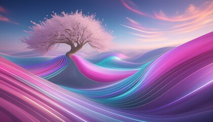 futuristic chromatic waves, soft tonal shifts blossoming cherry tree, vibrant pink and light ivory with lavender