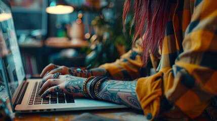 Close up of a tattooed young woman typing on a laptop in a cozy coffee shop, wearing a colorful outfit with hands covered in tattoos, in the style of cinematic.