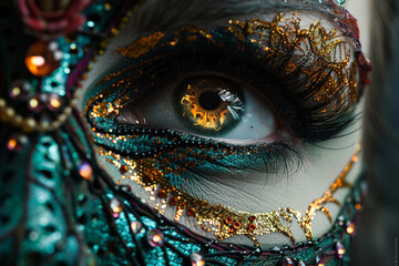 A detailed shot of abstract makeup with intricate patterns and fine details, showcasing meticulous artistry.