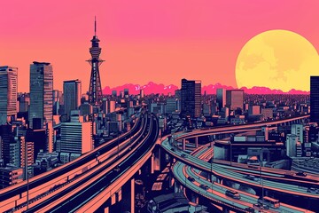 Obraz premium Illustration of Osaka City with with vibrant colors