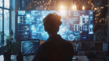 A man sits in front of a large computer screen, looking at a complex data visualization.