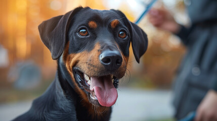 A Doberman dog portrait. A dog visits veterinary clinic. Generative AI