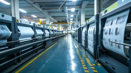 Fototapeta premium Wide-angle view of a modern printing press facility with large machines processing expansive rolls of paper.