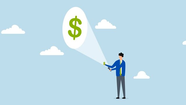 increase earning from investment, 4k animation of investor using a flashlight aiming at a small dollar with a large dollar bill sticking out in his hand.