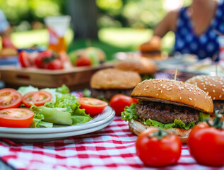 Picnic table with delicious food for USA 4th July Independence day celebration, people eating in the background