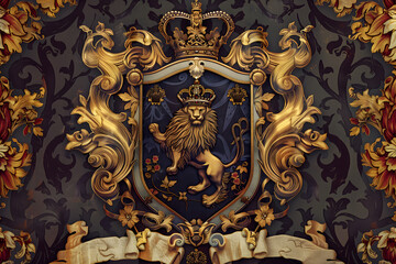An illustration of a coat of arms, rich in symbolism and history. At the top of the shield, a majestic crown is placed