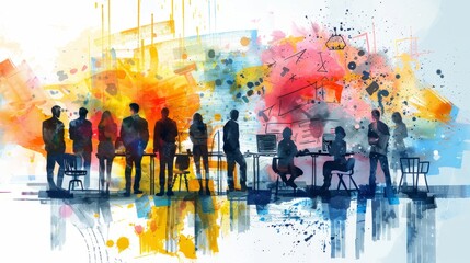 A watercolor painting of a diverse group of people in a workplace setting.