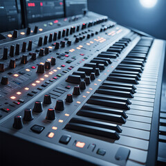 A synthesizer illuminated by soft LED lights. generative ai