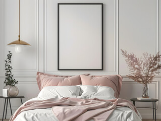 Photo of a vertical blank frame mockup hanging on the wall above an elegant bed in soft blush tones, with minimalist decor and natural lighting. The frame appears to be in the style of a minimalist 