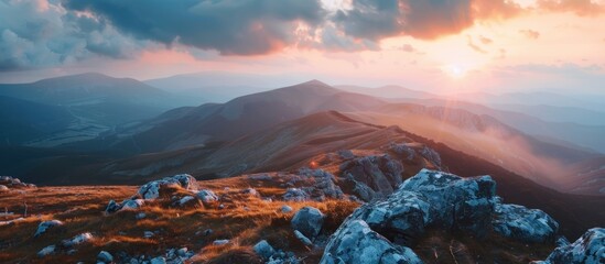 Panoramic of mountain landscape at sunset. generative AI image