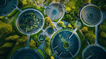 Aerial view of an intricate water treatment facility with lush green landscaping and circular tanks.