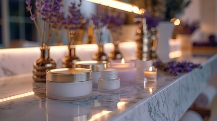 Fototapeta premium A serene and elegant setting featuring spa and beauty products arranged on a marble bathroom counter with lavender and candle accents for relaxation.