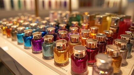 A dazzling array of glittering nail polish bottles, showcased in a variety of vibrant colors on a bright display shelf, adding sparkle and color to the collection.
