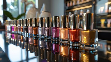 A stunning collection of nail polish bottles in various shimmering colors lined up on a reflective surface, creating an eye-catching display of cosmetic elegance.