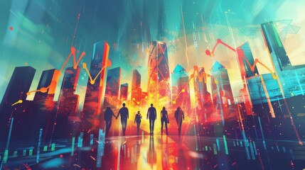 A group of people walking towards a glowing city.