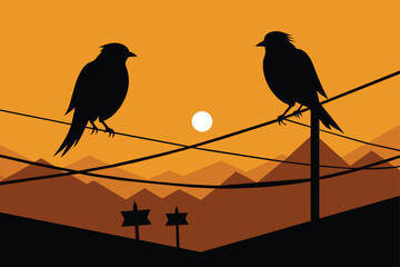 Silhouette of the Standing Pair of the Bird on the Electrical Wire. Vector Illustration