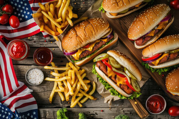 Picnic table with delicious food, burgers, hot dogs, french fries and condiments for USA 4th July Independence day, top view