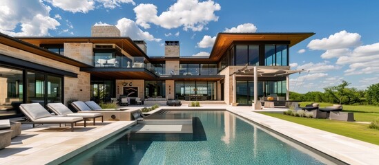 Fototapeta premium Portrait of a modern house equipped with a swimming pool. generative AI image