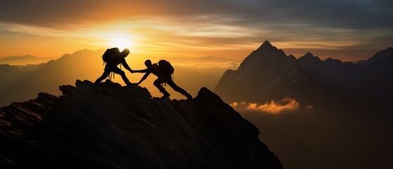 Two mountain climbers silhouetted against the dawn light, illustrating teamwork as one helps the other scale a difficult section,