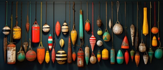 A collection of fishing floats and buoys, colorful and textured,