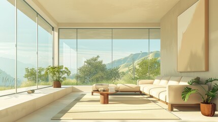 Minimalist Interior Natural Light: An illustration featuring a minimalist interior flooded with natural light