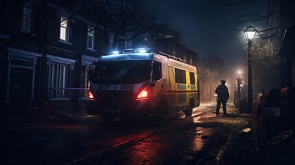 Night scene of an ambulance parked in a dimly lit street, with police tape and emergency workers,