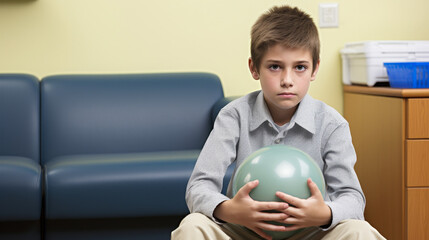 A young boy sitting in a psychiatrist's office, holding a stress ball.