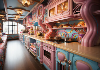 Naklejka premium Vibrant Whimsical Candy-Themed Kitchen Interior Design with Lollipop Cabinet Knobs, Sprinkle Patterns, Pastel Candy Colors
