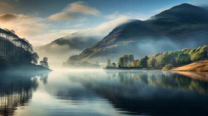 Quiet loch with mist rising, soft reflections of the surrounding hills, and a sense of calm,
