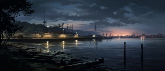Naklejka premium Wide, quiet river with an empty cargo dock, late evening, lights just turning on,