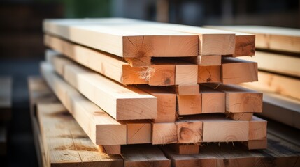 A stack of new wooden planks at a construction site, emphasizing natural wood grain,