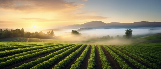 Quiet agricultural field with rows of crops, a gentle sunrise, and a dewy atmosphere,