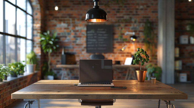 An open laptop sits on a wooden desk in a home office. - Powered by Adobe