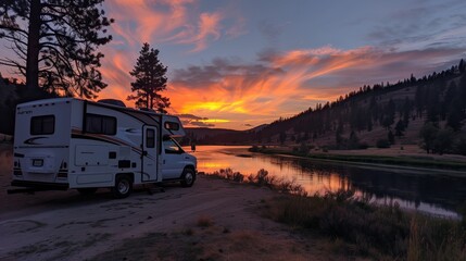 A recreational vehicle parked by a serene river at sunset with dramatic sky colors reflecting in the water.