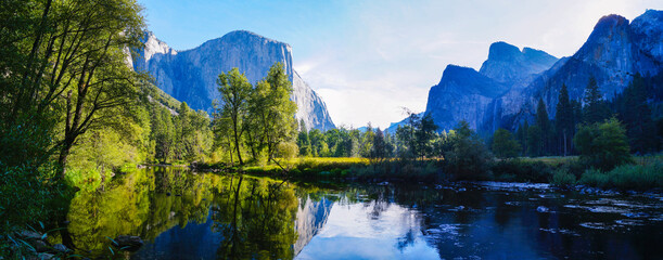 Panoramic scenic view of the Yosemite Valley in the Yosemite National Park, California USA
