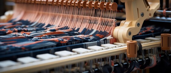 Detailed view of a fabric weaving machine creating intricate patterns, emphasizing the technology and craftsmanship in textile production,