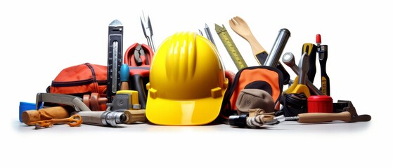 Close-up of a variety of construction tools laid out on a clean white background, emphasizing sharpness and detail,
