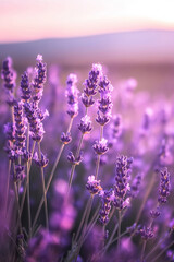 Lavender field at sunset, purple petals against the violet sky. Generative AI