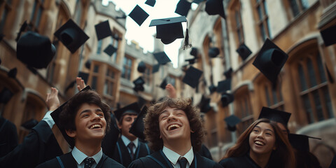 Exuberant university graduates throwing caps in the air in front of historic architecture, celebrating their graduation day