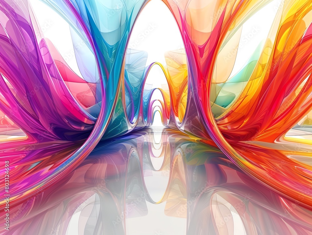 Poster 3d rendering of a colorful abstract tunnel with glossy walls and a shiny reflective floor.