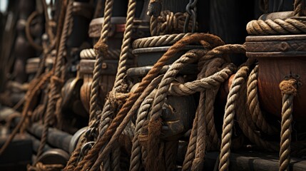 Close-up of fishing boat ropes and pulleys, intricate details,